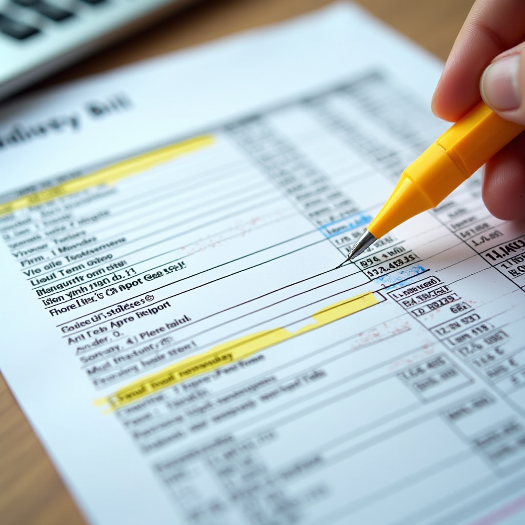 Close-up of electricity bill showing numerous line items and charges with highlighter marks