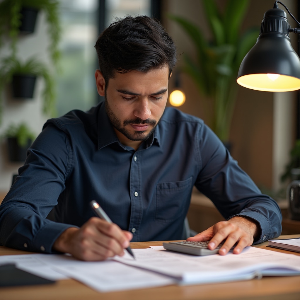 Professional analyzing detailed electricity bill with calculator and documents on wooden desk
