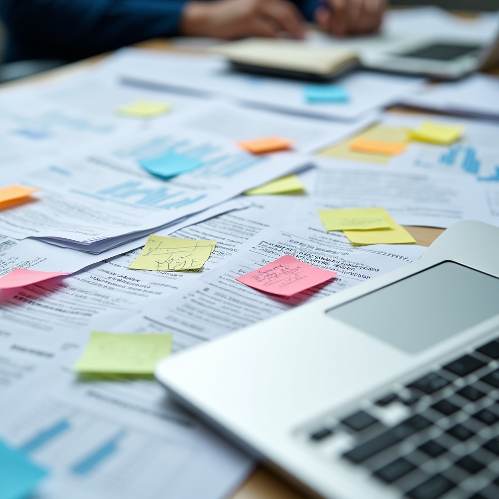 Stack of electricity tariff documentation and regulatory papers spread across desk with sticky notes and annotations