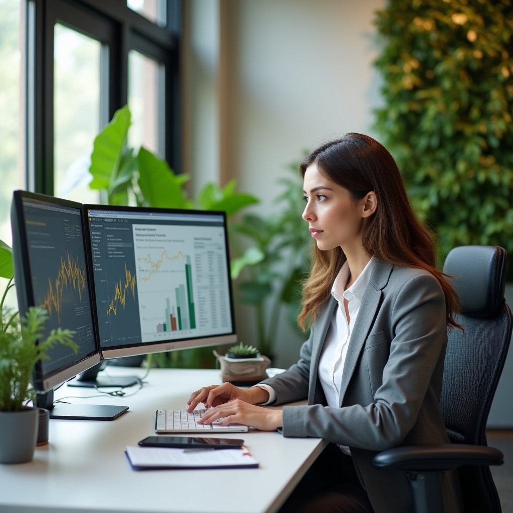 Energy consultant working at organized desk with multiple monitors displaying electricity data analysis and billing documents