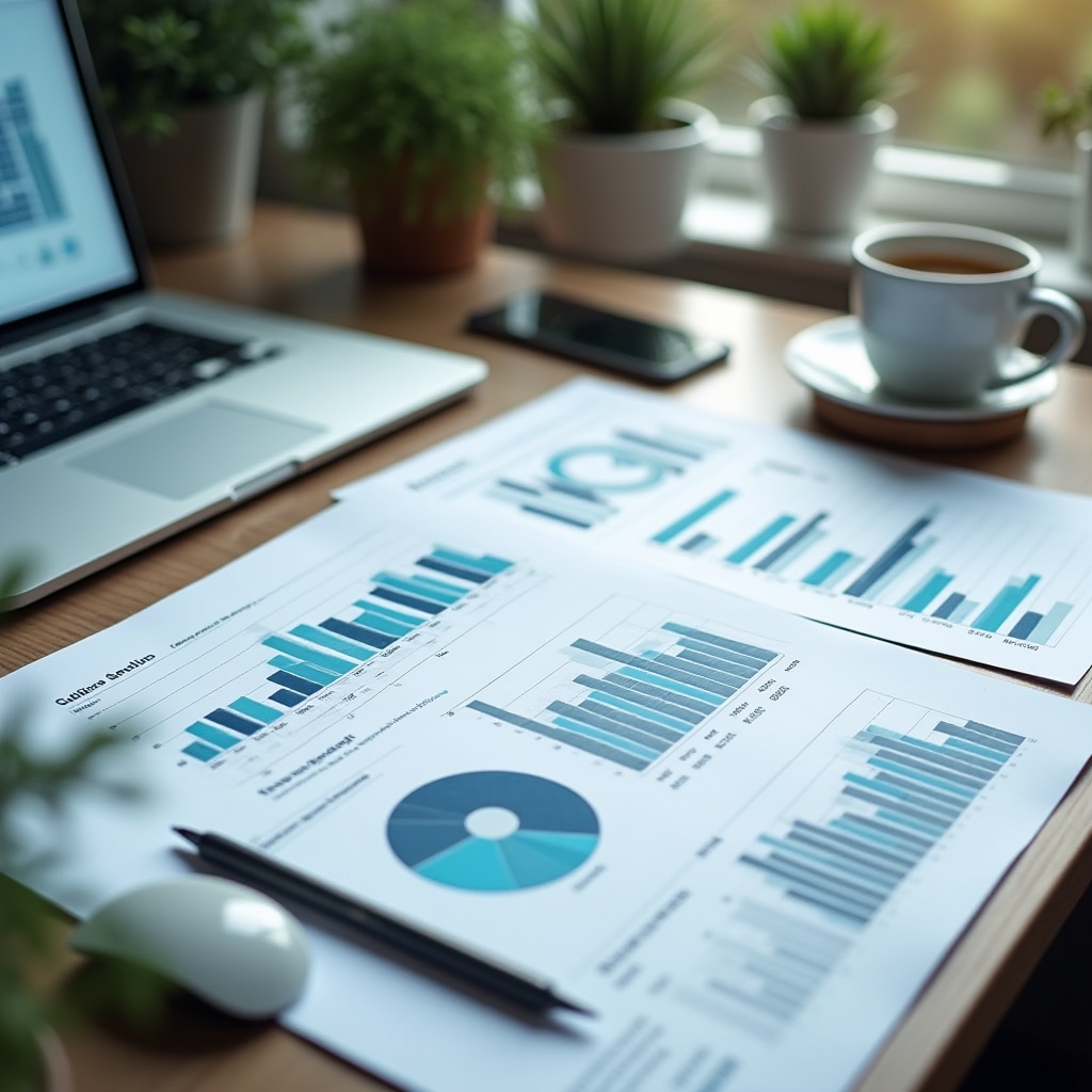 Professional business report with charts and analysis laid out on modern desk with laptop